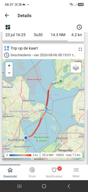 Gevaren route op de kaart in de BlueStar app, gekleurd naar snelheid